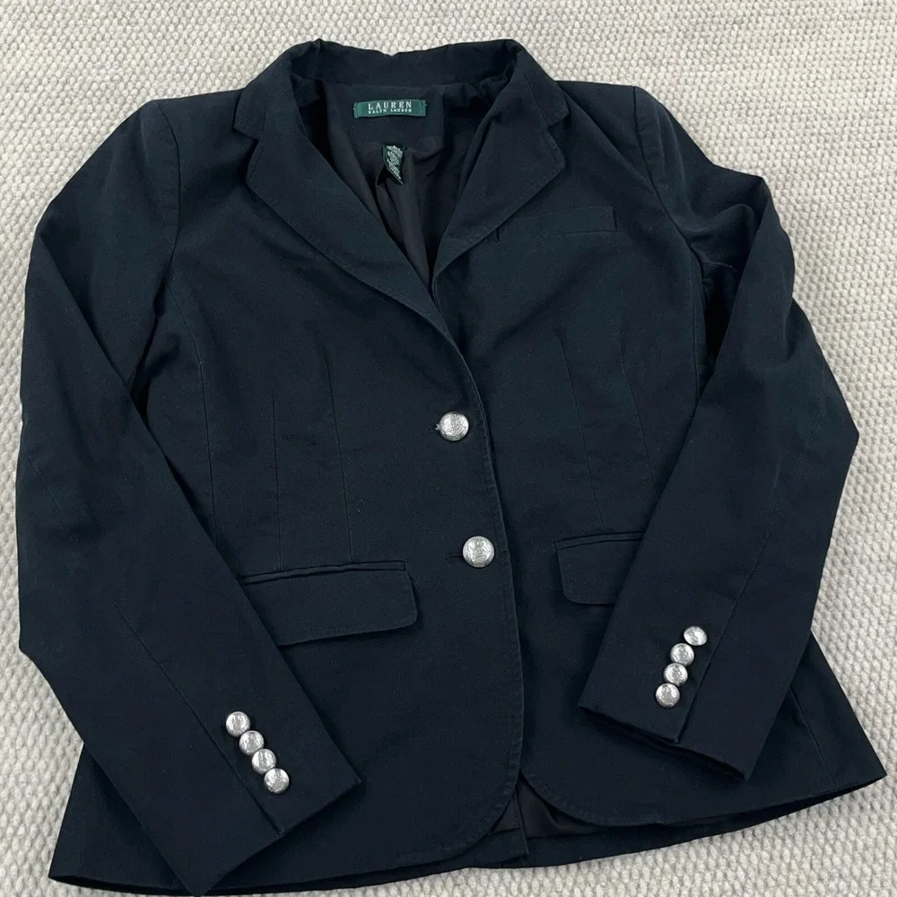 Lauren Ralph Lauren Blazer Women 6 Black Sports Coat Jacket Silver Metal Buttons